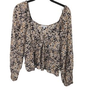 Patrons of Peace Blouse Womens Small Black Floral Tie Front Long Sleeve Peasant